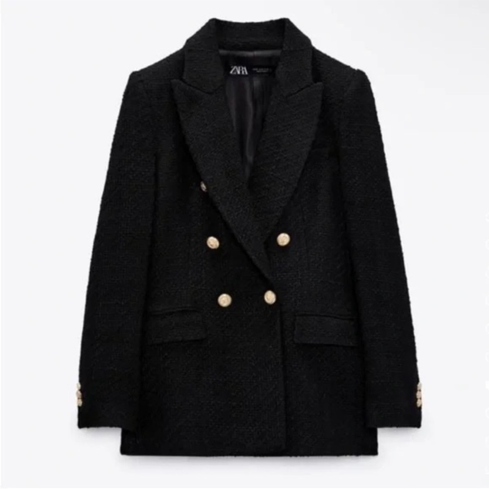 ZARA Double Breasted Black Tweed Blazer Gold Buttons Women’s Size Small
